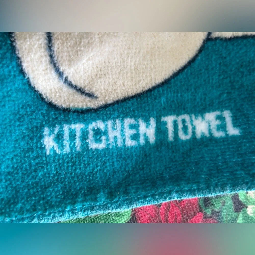Vintage Christmas Dish Kitchen Towel Teddy Bear Cat Teal Blue White Taiwan